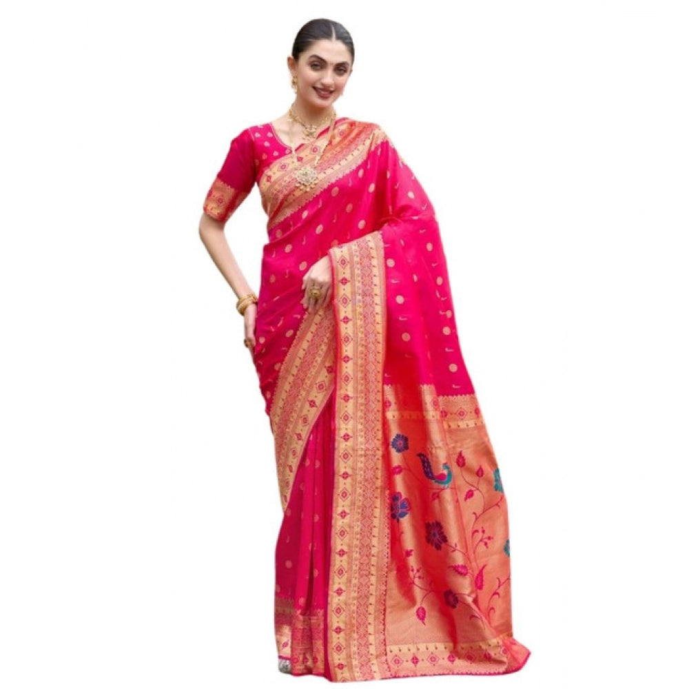 Women's Silk Blend Zari Woven Saree With Unstitched Blouse 5.5Mtr (Red)