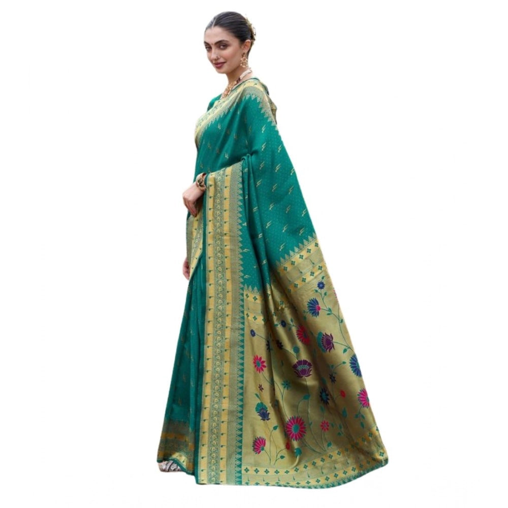 Women's Silk Blend Zari Woven Saree With Unstitched Blouse 5.5Mtr (Teal)
