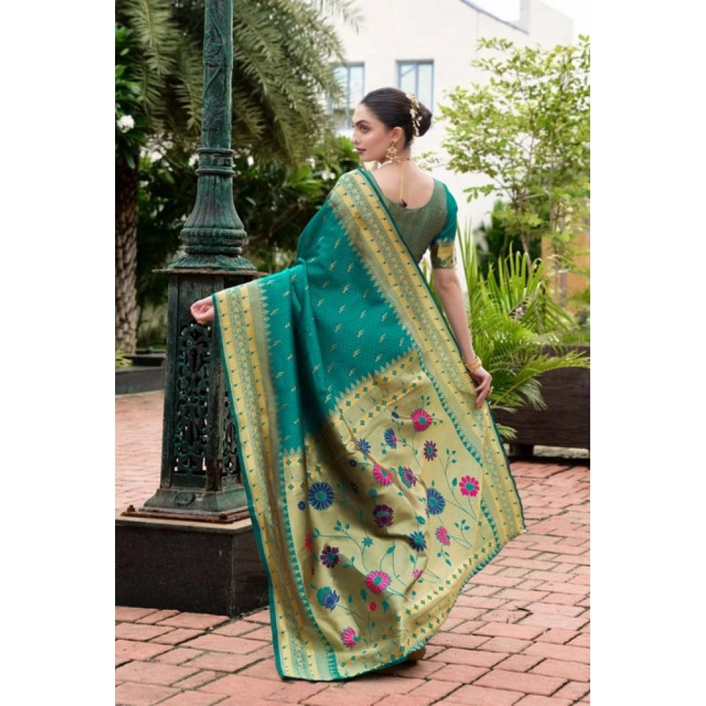 Women's Silk Blend Zari Woven Saree With Unstitched Blouse 5.5Mtr (Teal)