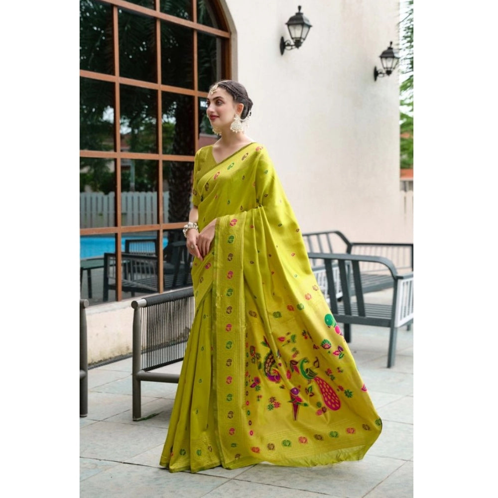 Women's Silk Blend Paithani Weaving Saree With Unstitched Blouse 5.5Mtr (Lime-Green)