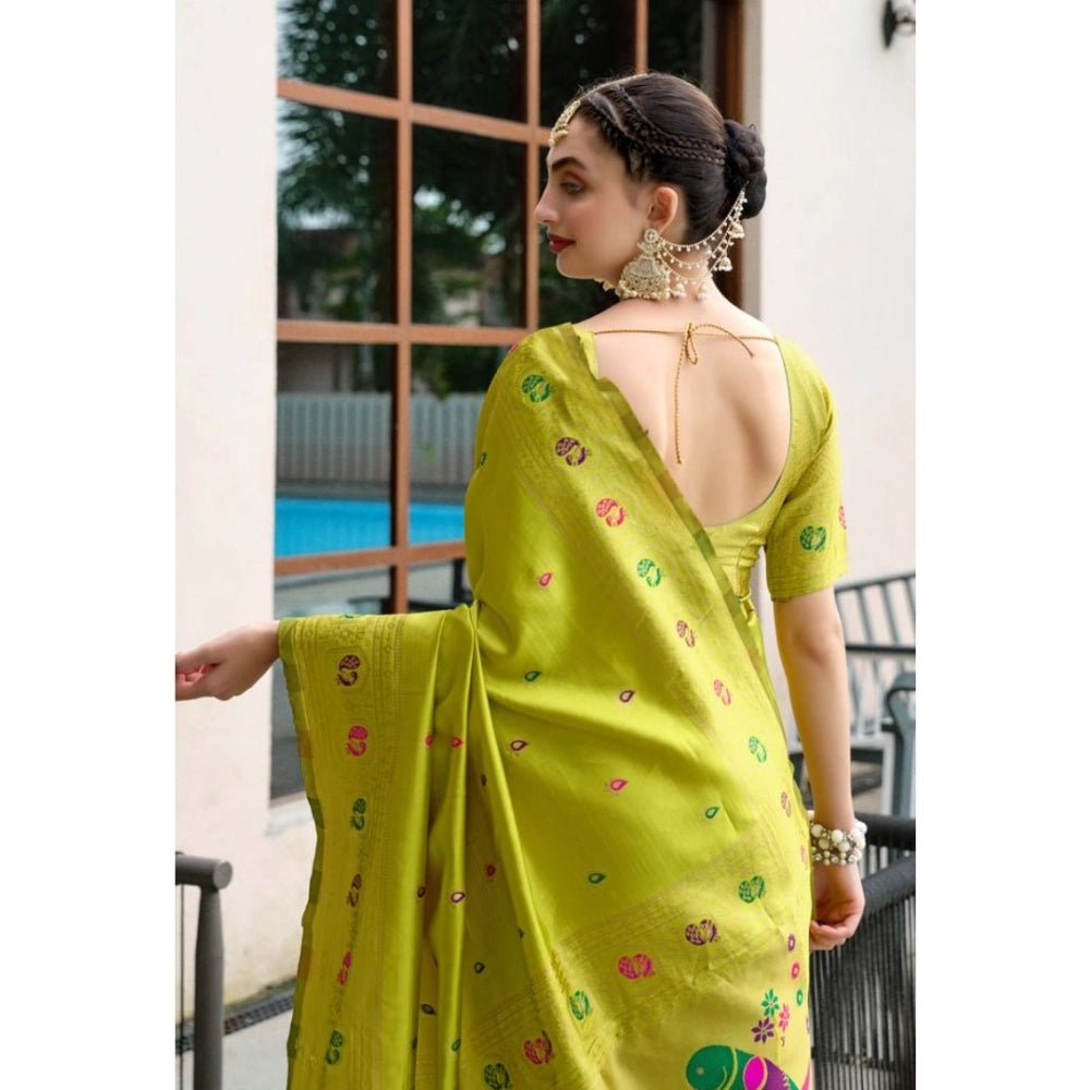 Women's Silk Blend Paithani Weaving Saree With Unstitched Blouse 5.5Mtr (Lime-Green)