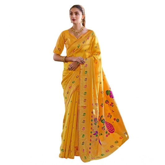 Women's Silk Blend Paithani Weaving Saree With Unstitched Blouse 5.5Mtr (Mustard)