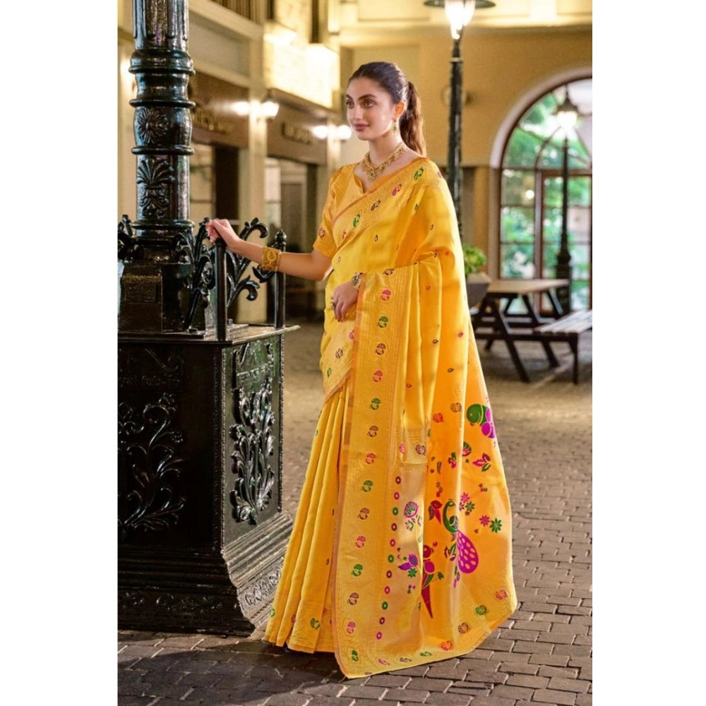 Women's Silk Blend Paithani Weaving Saree With Unstitched Blouse 5.5Mtr (Mustard)