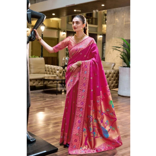 Women's Silk Blend Paithani Weaving Saree With Unstitched Blouse 5.5Mtr (Pink)