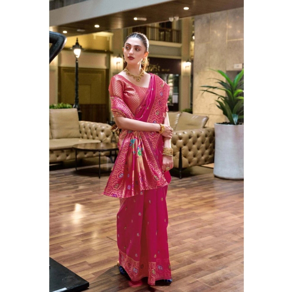 Women's Silk Blend Paithani Weaving Saree With Unstitched Blouse 5.5Mtr (Pink)