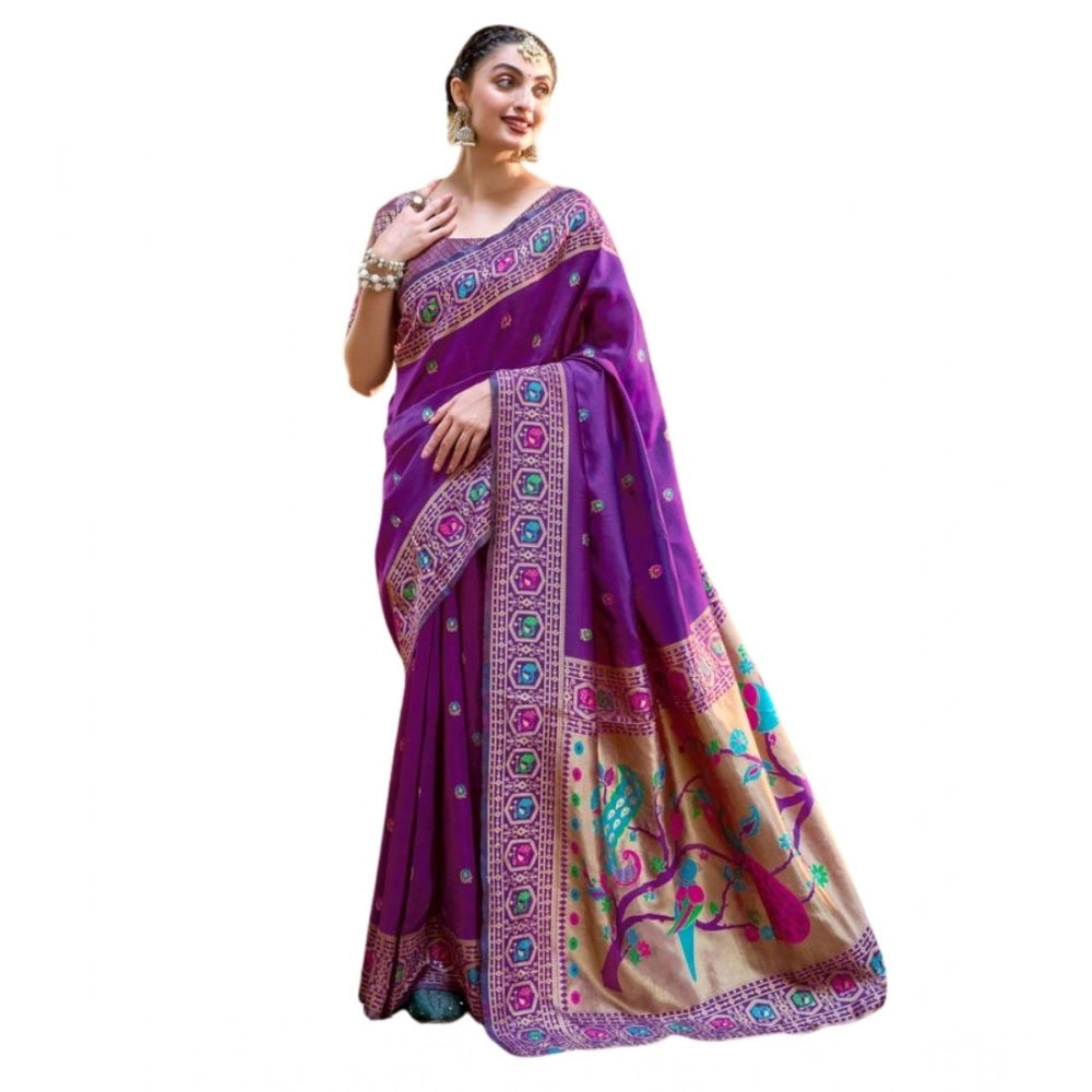 Women's Silk Blend Paithani Weaving Saree With Unstitched Blouse 5.5Mtr (Purple)