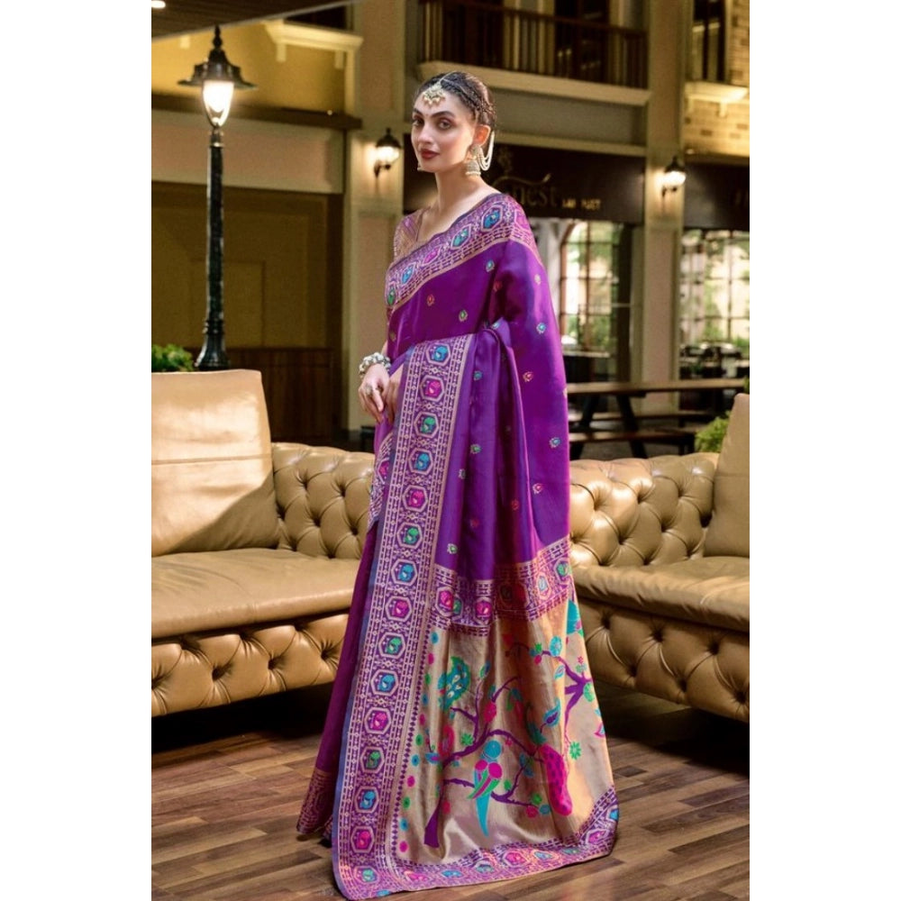 Women's Silk Blend Paithani Weaving Saree With Unstitched Blouse 5.5Mtr (Purple)