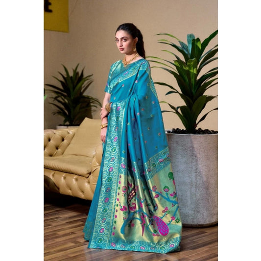 Women's Silk Blend Paithani Weaving Saree With Unstitched Blouse 5.5Mtr (Rama)