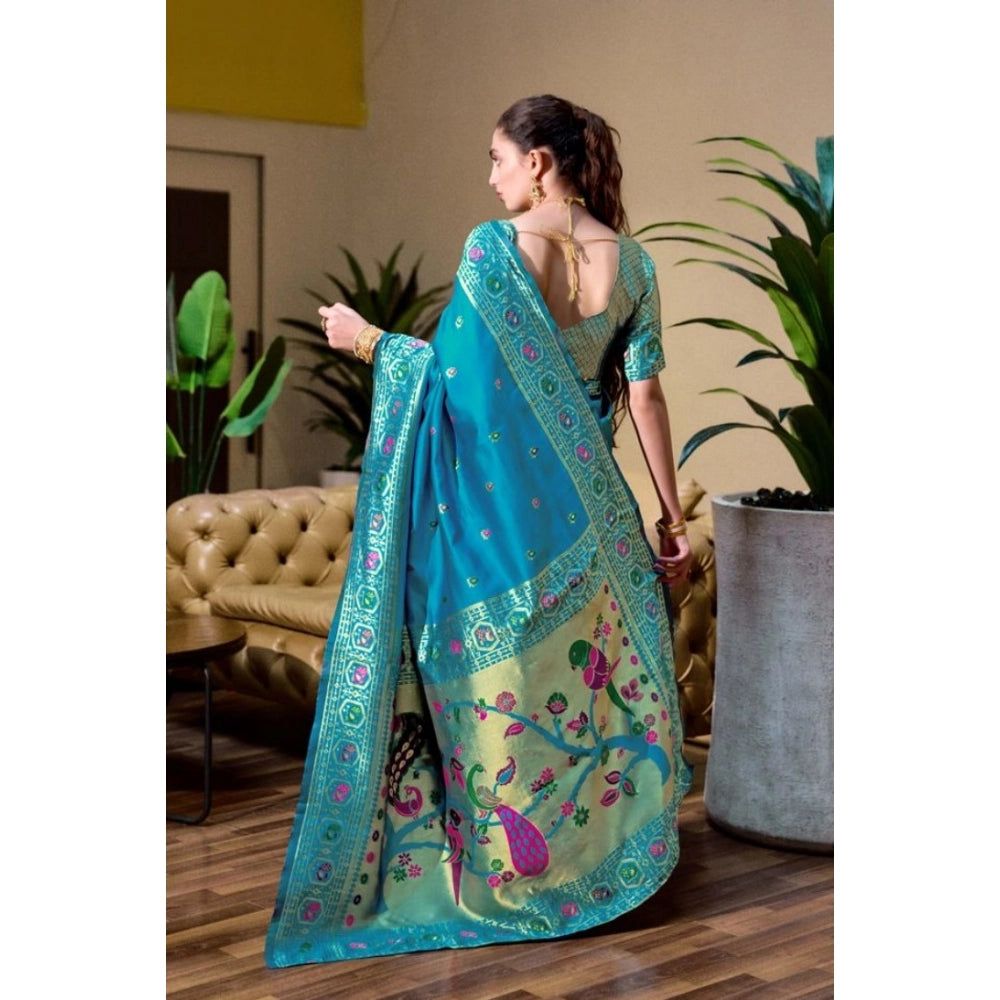 Women's Silk Blend Paithani Weaving Saree With Unstitched Blouse 5.5Mtr (Rama)