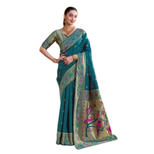Women's Silk Blend Paithani Weaving Saree With Unstitched Blouse 5.5Mtr (Teal)