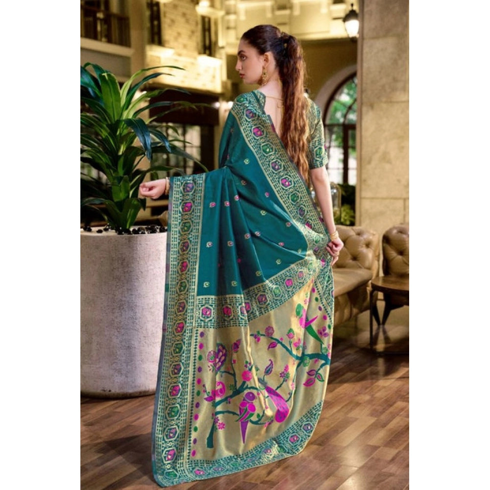 Women's Silk Blend Paithani Weaving Saree With Unstitched Blouse 5.5Mtr (Teal)
