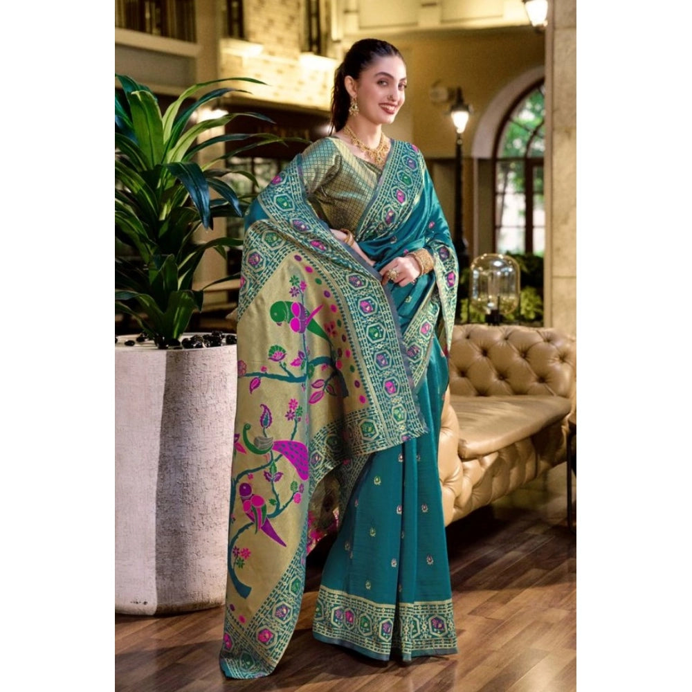 Women's Silk Blend Paithani Weaving Saree With Unstitched Blouse 5.5Mtr (Teal)