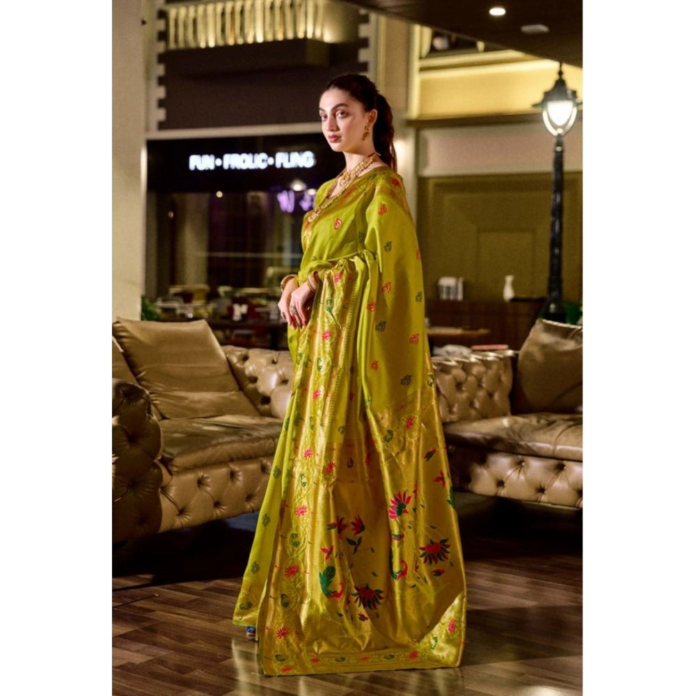 Women's Silk Blend Zari Woven Saree With Unstitched Blouse 5.5Mtr (Lime Green)