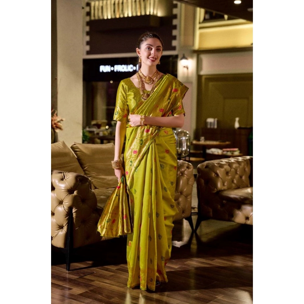 Women's Silk Blend Zari Woven Saree With Unstitched Blouse 5.5Mtr (Lime Green)