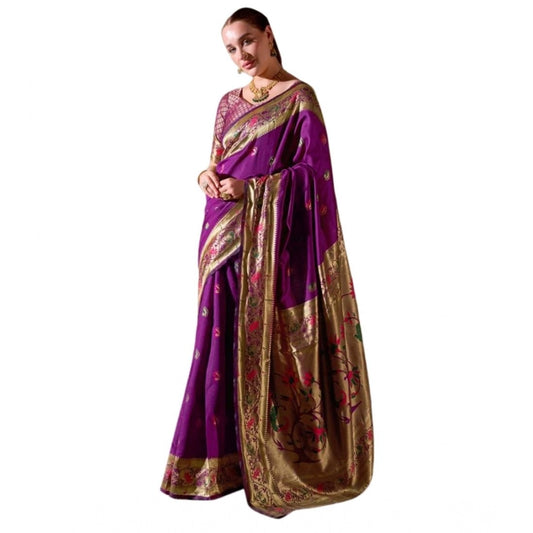 Women's Silk Blend Zari Woven Saree With Unstitched Blouse 5.5Mtr (Purple)