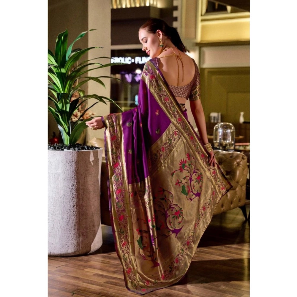 Women's Silk Blend Zari Woven Saree With Unstitched Blouse 5.5Mtr (Purple)