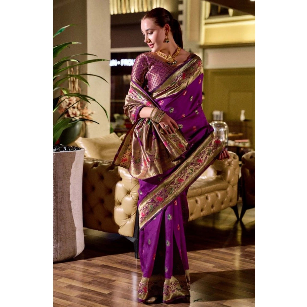 Women's Silk Blend Zari Woven Saree With Unstitched Blouse 5.5Mtr (Purple)