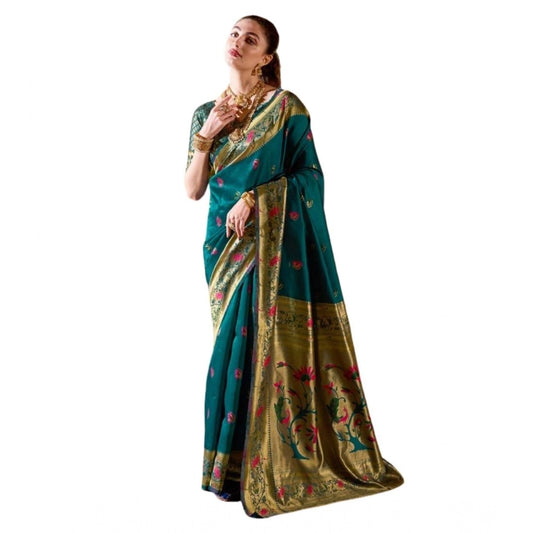 Women's Silk Blend Zari Woven Saree With Unstitched Blouse 5.5Mtr (Teal)