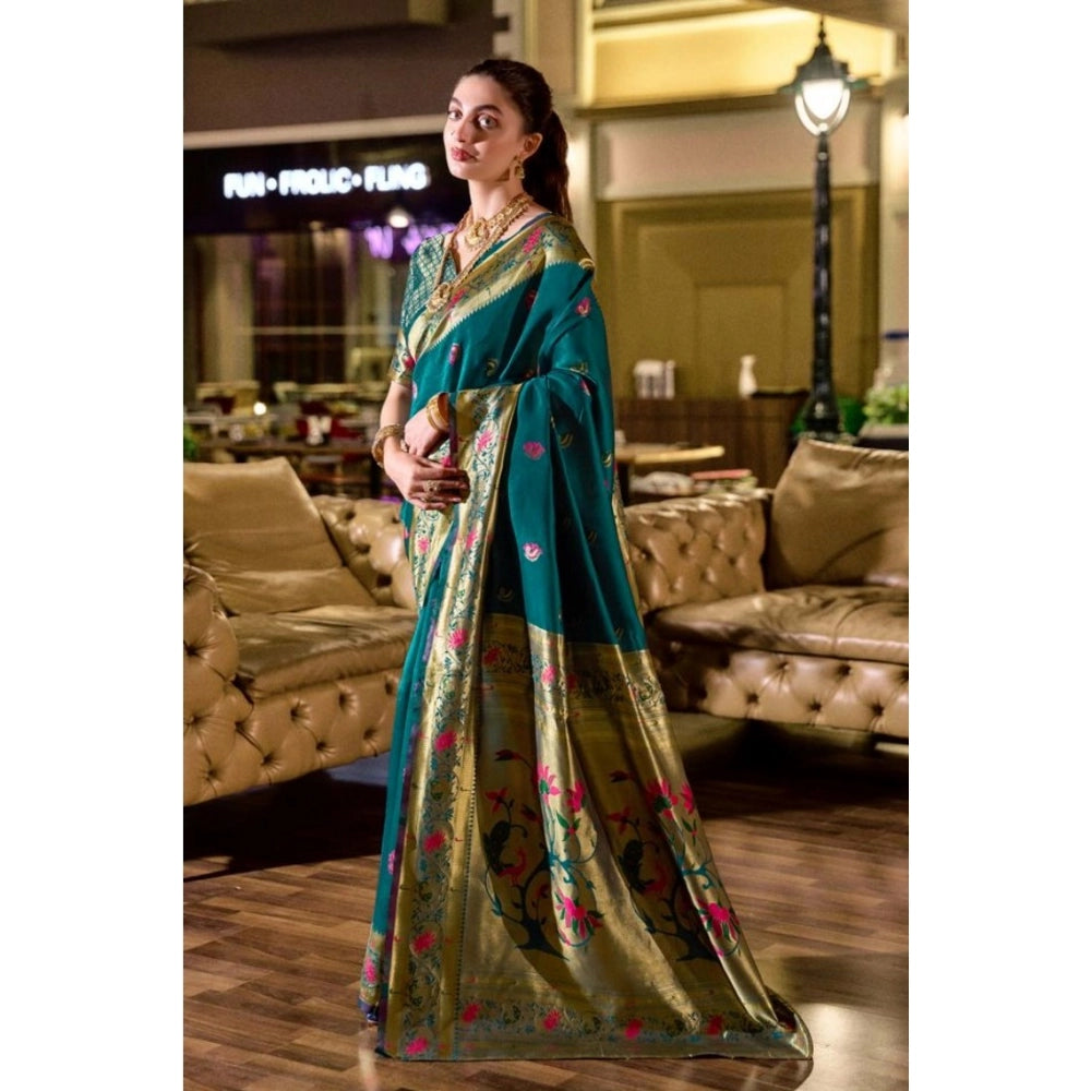 Women's Silk Blend Zari Woven Saree With Unstitched Blouse 5.5Mtr (Teal)