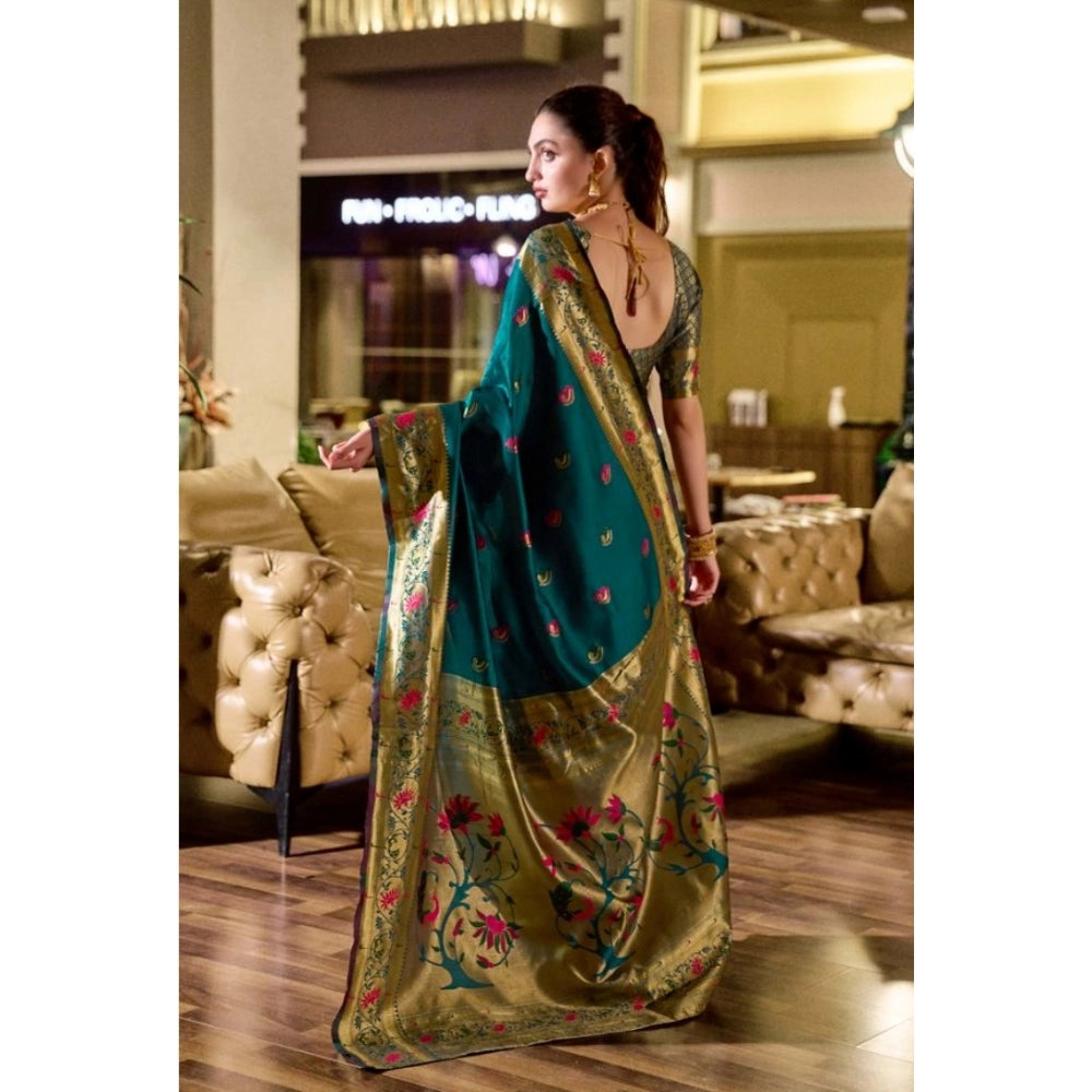 Women's Silk Blend Zari Woven Saree With Unstitched Blouse 5.5Mtr (Teal)