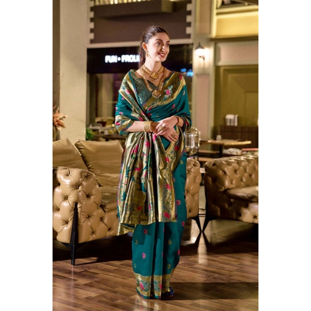 Women's Silk Blend Zari Woven Saree With Unstitched Blouse 5.5Mtr (Teal)