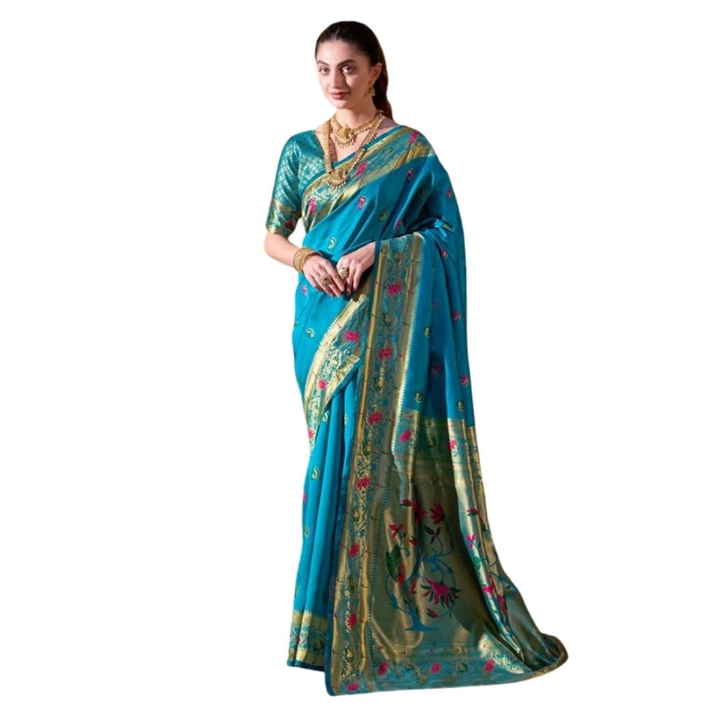 Women's Silk Blend Zari Woven Saree With Unstitched Blouse 5.5Mtr (Turquoise)
