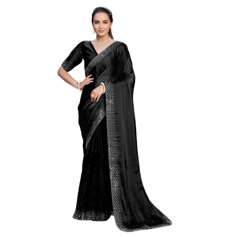 Women's Rangoli Diamond Weaving - Stone Work Saree With Unstitched Blouse 5.5Mtr (Black)