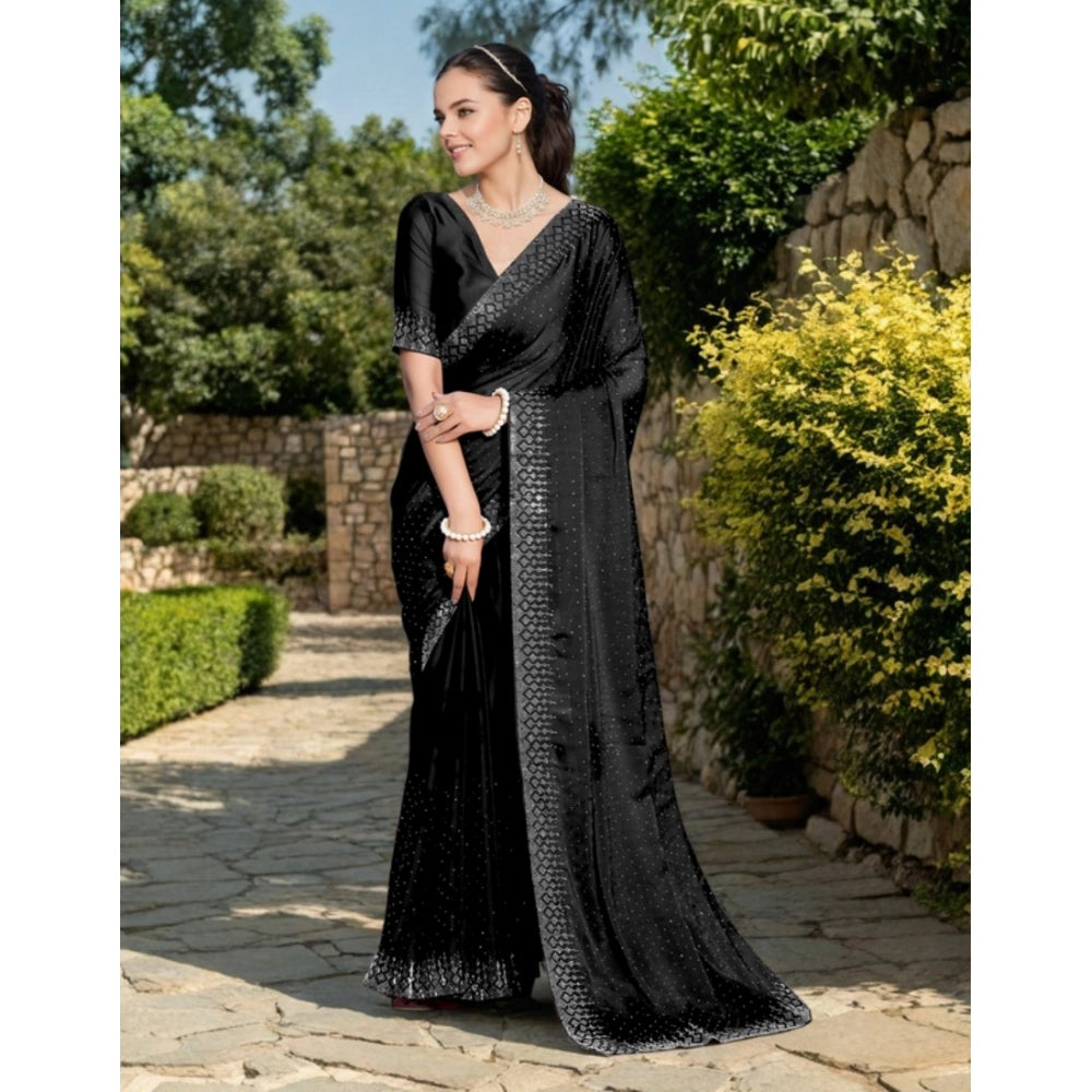 Women's Rangoli Diamond Weaving - Stone Work Saree With Unstitched Blouse 5.5Mtr (Black)