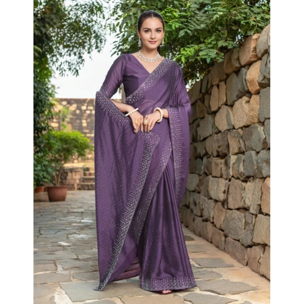 Women's Rangoli Diamond Weaving - Stone Work Saree With Unstitched Blouse 5.5Mtr (Lavender)