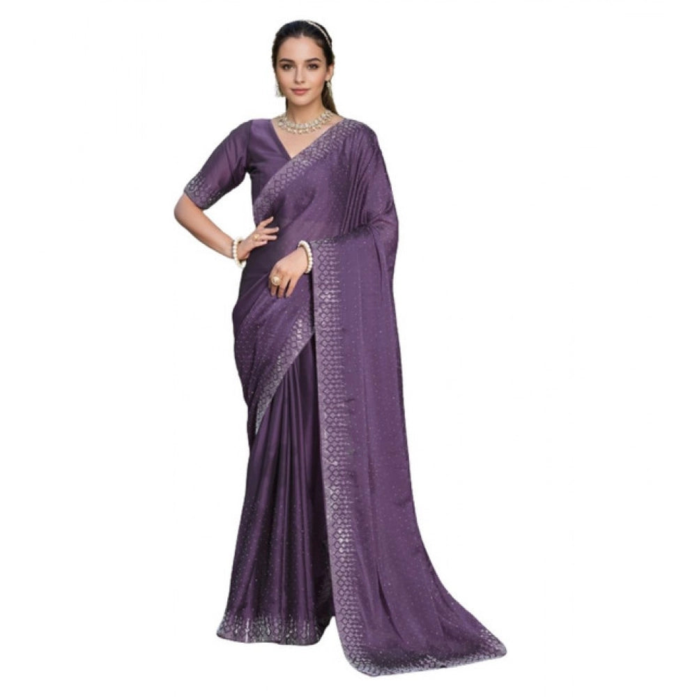 Women's Rangoli Diamond Weaving - Stone Work Saree With Unstitched Blouse 5.5Mtr (Lavender)