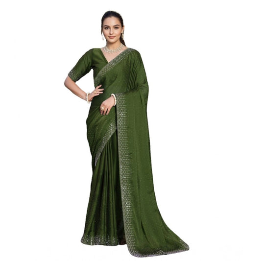 Women's Rangoli Diamond Weaving - Stone Work Saree With Unstitched Blouse 5.5Mtr (Mahendi)