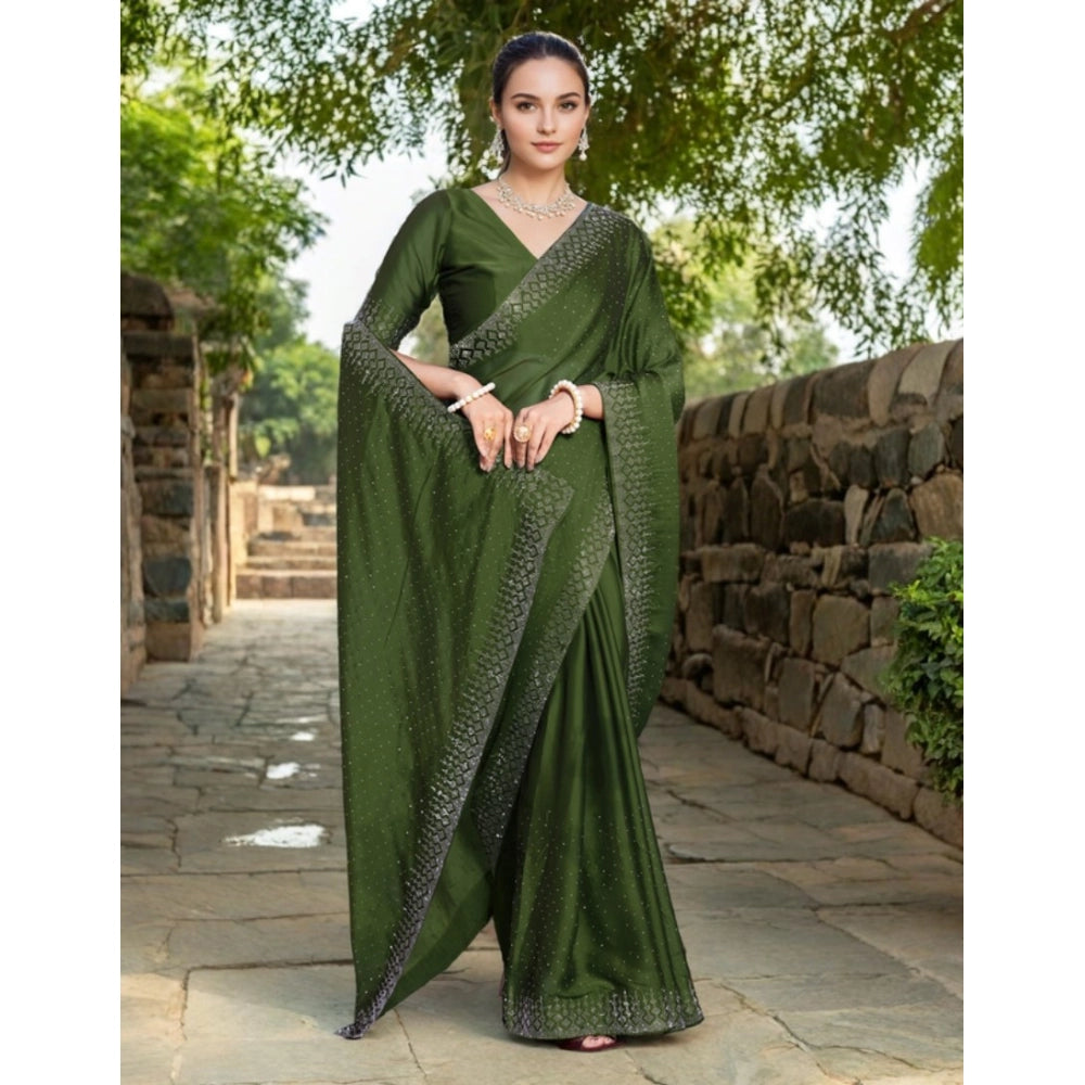 Women's Rangoli Diamond Weaving - Stone Work Saree With Unstitched Blouse 5.5Mtr (Mahendi)