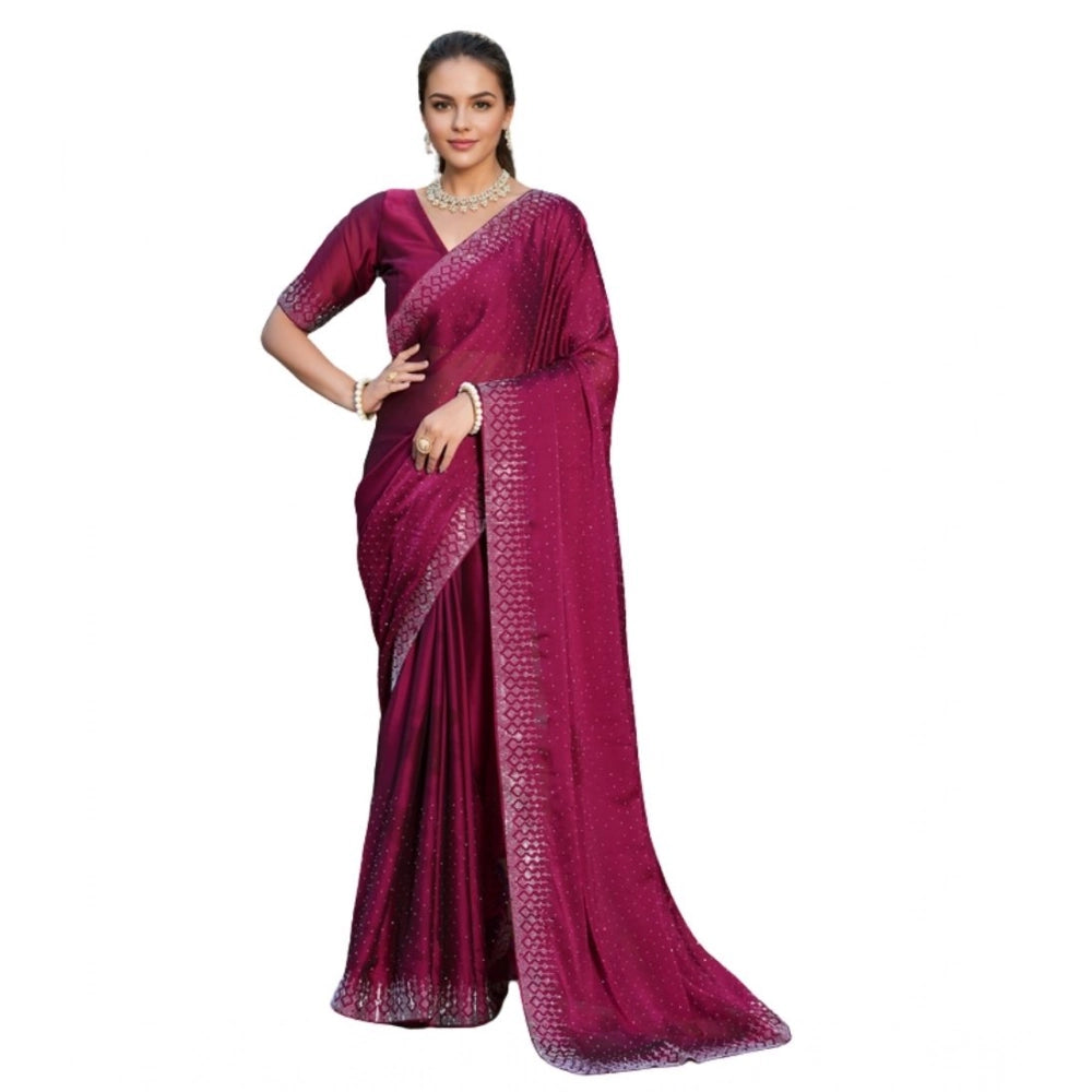 Women's Rangoli Diamond Weaving - Stone Work Saree With Unstitched Blouse 5.5Mtr (Maroon)