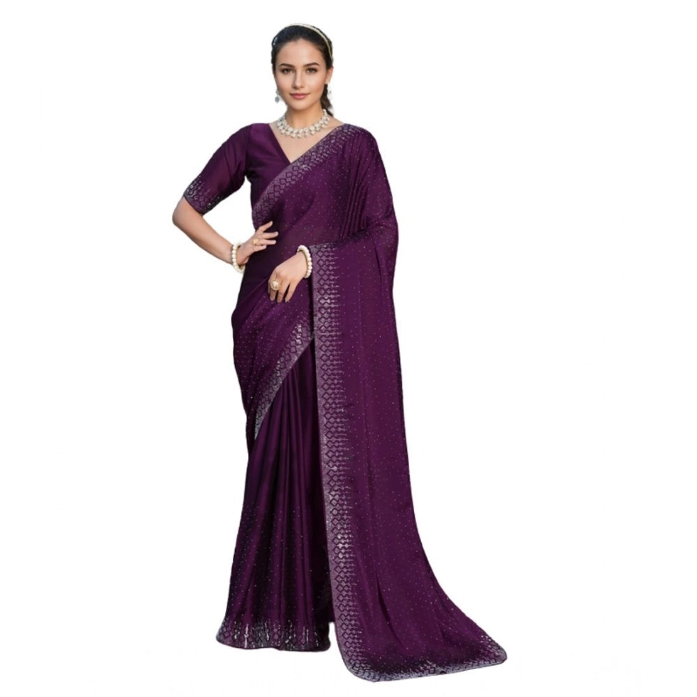 Women's Rangoli Diamond Weaving - Stone Work Saree With Unstitched Blouse 5.5Mtr (Purple)