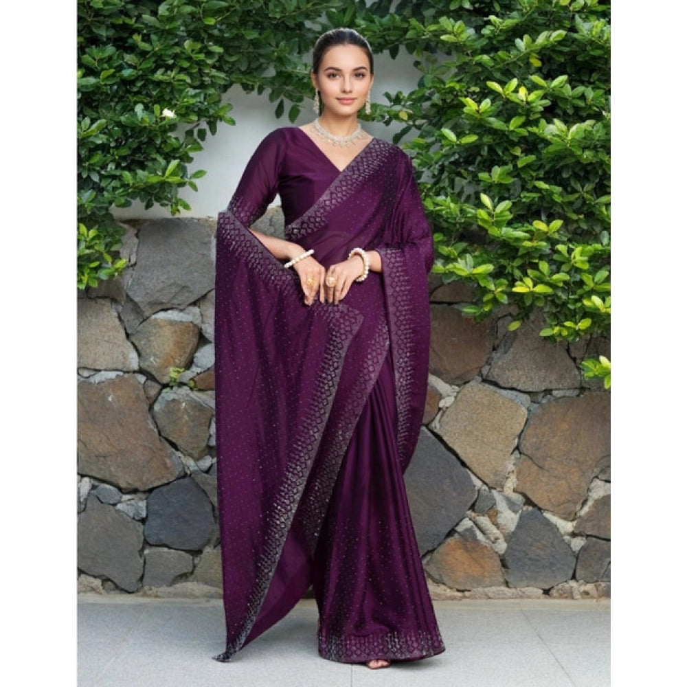 Women's Rangoli Diamond Weaving - Stone Work Saree With Unstitched Blouse 5.5Mtr (Purple)