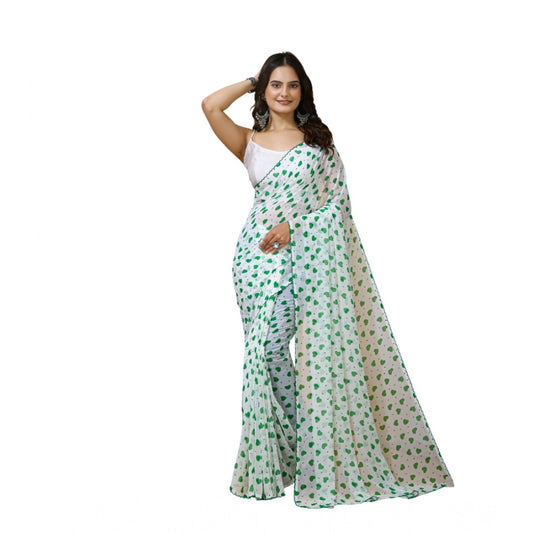 Women's Georgette Printed Saree With Unstitched Blouse 5.5Mtr (White-Green)