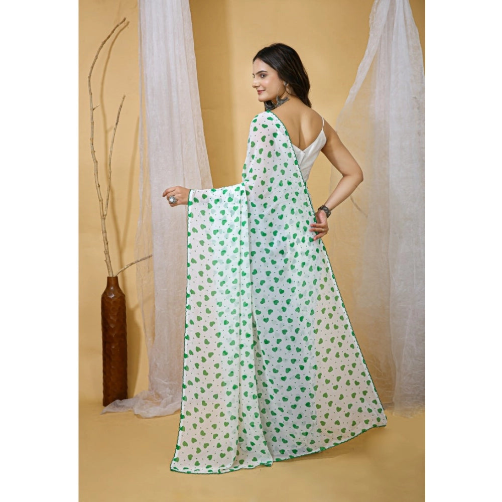Women's Georgette Printed Saree With Unstitched Blouse 5.5Mtr (White-Green)