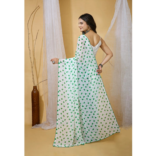 Women's Georgette Printed Saree With Unstitched Blouse 5.5Mtr (White-Green)