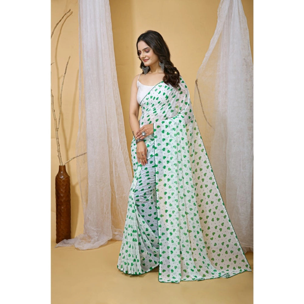 Women's Georgette Printed Saree With Unstitched Blouse 5.5Mtr (White-Green)