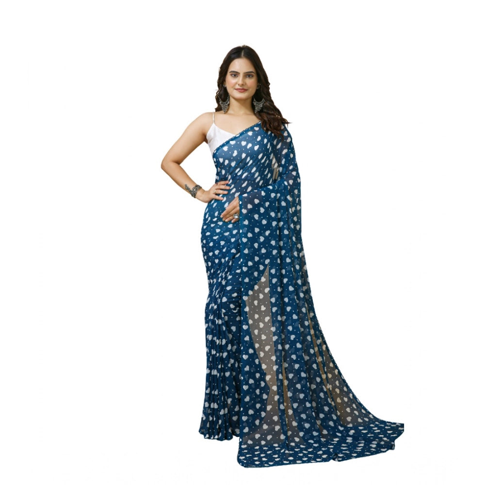 Women's Georgette Printed Saree With Unstitched Blouse 5.5Mtr (Blue)