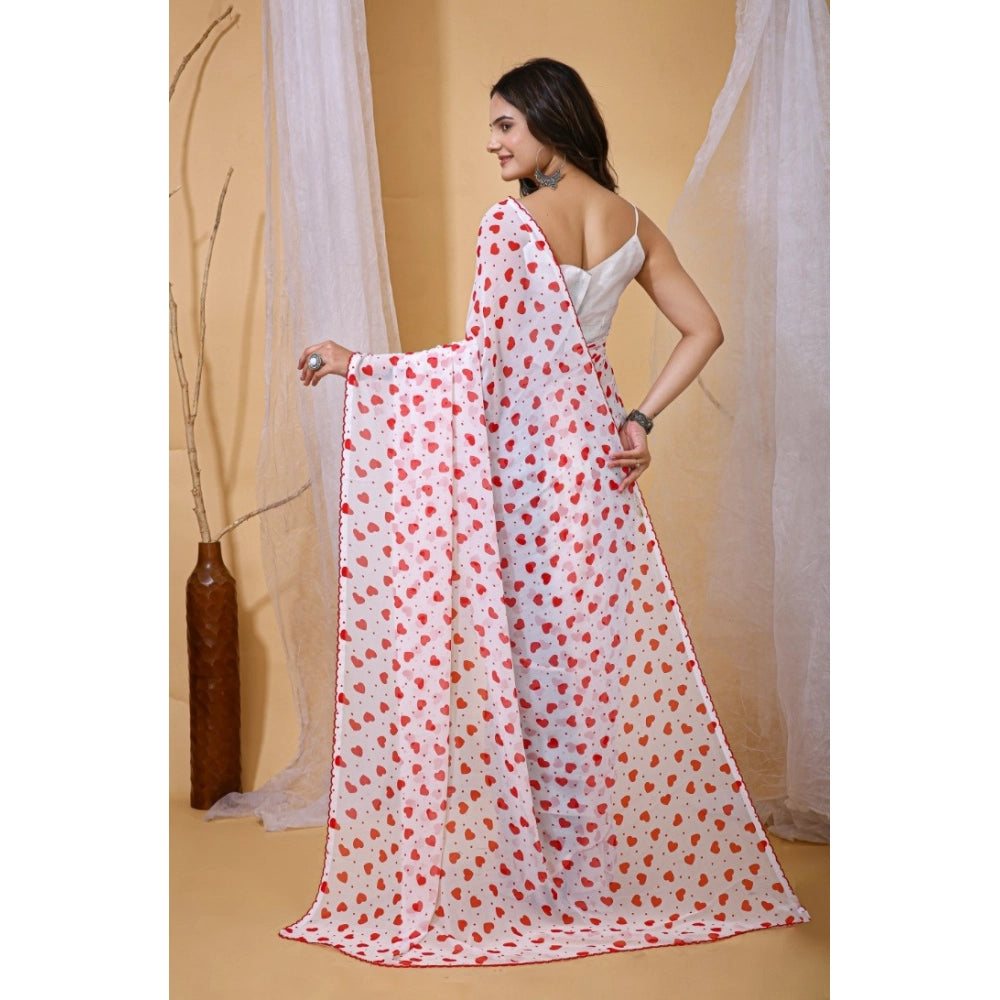 Women's Georgette Printed Saree With Unstitched Blouse 5.5Mtr (White-Red)