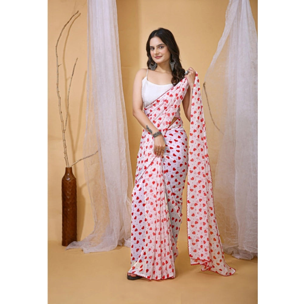 Women's Georgette Printed Saree With Unstitched Blouse 5.5Mtr (White-Red)