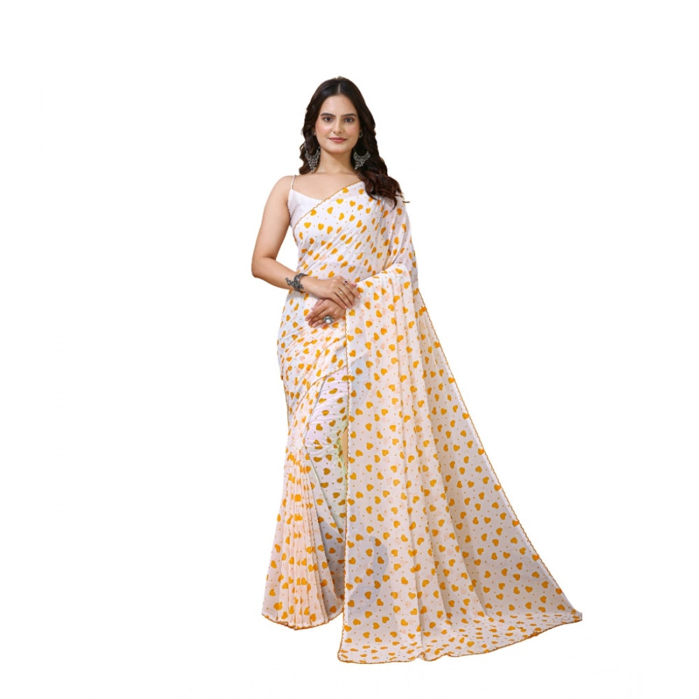 Women's Georgette Printed Saree With Unstitched Blouse 5.5Mtr (White-Yellow)