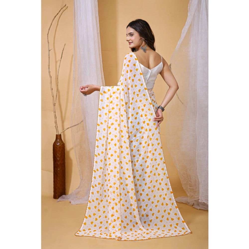 Women's Georgette Printed Saree With Unstitched Blouse 5.5Mtr (White-Yellow)