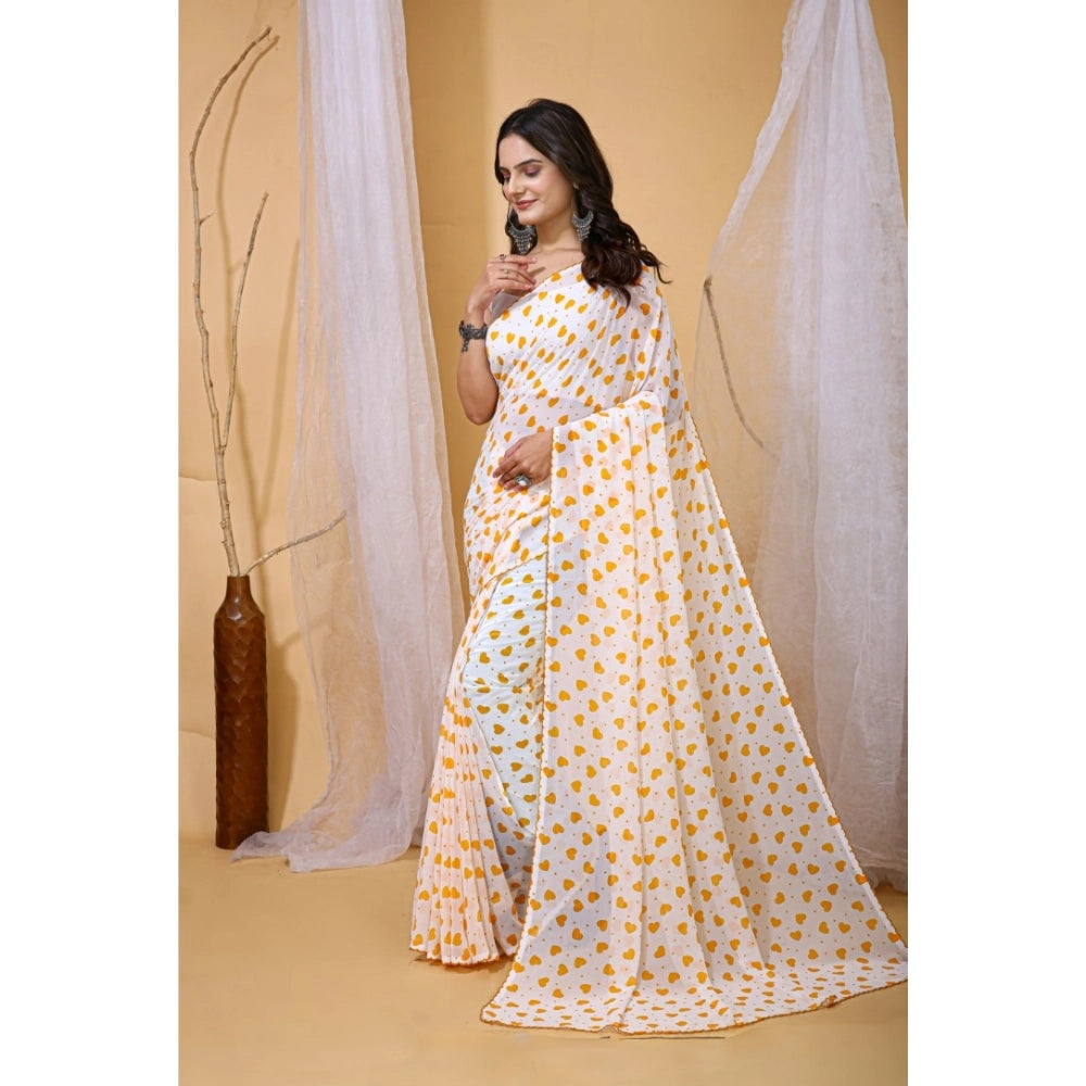 Women's Georgette Printed Saree With Unstitched Blouse 5.5Mtr (White-Yellow)