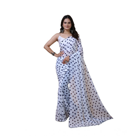 Women's Georgette Printed Saree With Unstitched Blouse 5.5Mtr (White-Blue)