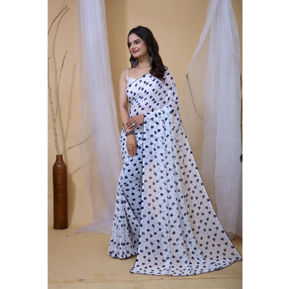 Women's Georgette Printed Saree With Unstitched Blouse 5.5Mtr (White-Blue)