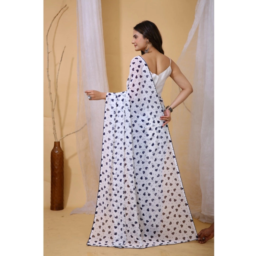 Women's Georgette Printed Saree With Unstitched Blouse 5.5Mtr (White-Blue)