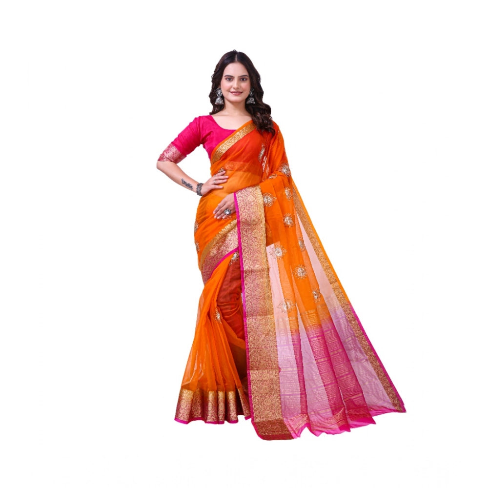 Women's Organza jacquard Embellished Saree With Unstitched Blouse 5.5Mtr (Orange)