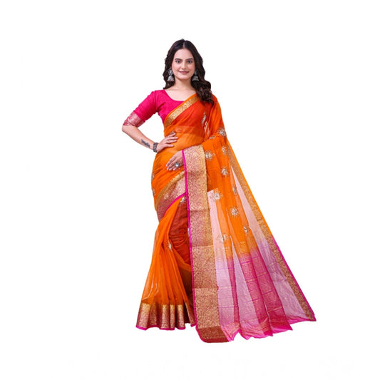 Women's Organza jacquard Embellished Saree With Unstitched Blouse 5.5Mtr (Orange)